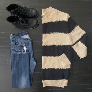 Fashion on Earth Black & Tan Striped Distressed Sweater